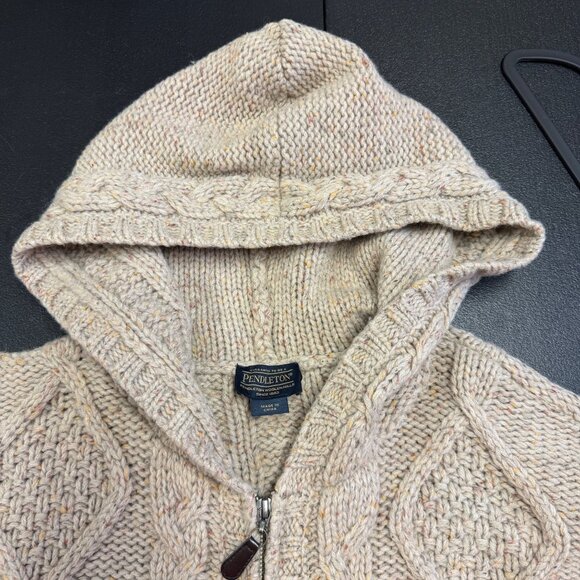 Pendleton Cable Knit Lambs Wool Hooded Sweater Jacket Zip Front Oatmeal Size LRG - Picture 4 of 12